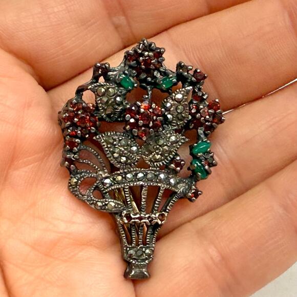 Vintage Sterling Brooch Pendant Flower Basket Marcasite-Garnet-Green Quartz Pin - Picture 5 of 15
